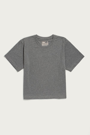 The Bridge & Burn Recycled Boxy Tee in Grey Heather is a short-sleeved, crew neck vintage-style shirt shown flat on a white background.