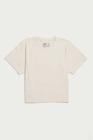 The Bridge & Burn Recycled Boxy Tee in Ivory is a sustainable, short-sleeve crewneck with a relaxed fit and minimal detailing, shown on a flat white background.