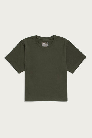 The Bridge & Burn Recycled Boxy Tee in Olive is a sustainable, short-sleeved shirt with a round neckline and a visible collar tag, shown flat on a white background.