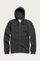 The Ridge Hoodie in Graphite by Bridge & Burn is a dark gray zip-up hoodie made from organic cotton, with a hood, drawstrings, front zipper, and two front pockets, shown laid flat on a white background.
