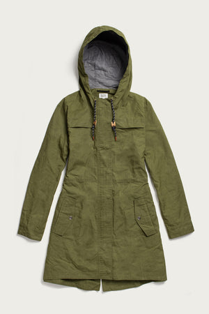 The Bridge & Burn Briar Jacket in olive waxed canvas features a hood, front zipper, snap buttons, flap pockets, and black drawstrings with wooden bead accents. Shown laid flat on a light background.