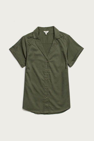 The Innes Shirt by Bridge & Burn in olive features a relaxed fit, short sleeves, notched collar, and button-up front. Made from lightweight organic cotton, it combines effortless style and comfort. Shown laid flat on a white background.