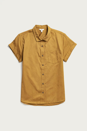 The Bridge & Burn Bea Shirt in Gold, a women's short-sleeve button-down made from organic cotton with a single chest pocket, is shown laid flat on a white background.