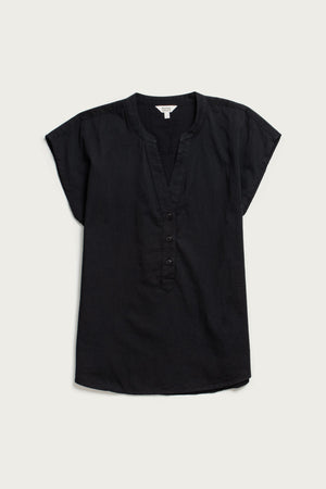 The Bridge & Burn Ladd Shirt in black is a relaxed-fit short sleeve top with a V-neckline, partial button placket, and soft draped fabric, shown laid flat on a light background.