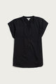 The Bridge & Burn Ladd Shirt in black is a relaxed-fit short sleeve top with a V-neckline, partial button placket, and soft draped fabric, shown laid flat on a light background.