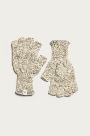 The Ragg Wool Fingerless Glove in Oatmeal by Bridge & Burn, shown flat on a white background—one glove displays the palm, the other the back. Both feature ribbed cuffs and a soft wool knit construction.
