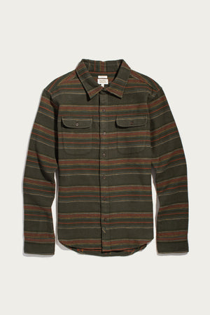 Bridge & Burn Cole Slim Shirt / Mallard Stripe, an olive green slim fit button-down shirt in brushed cotton with horizontal rust, tan, and dark blue stripes, featuring two chest pockets and a collar.