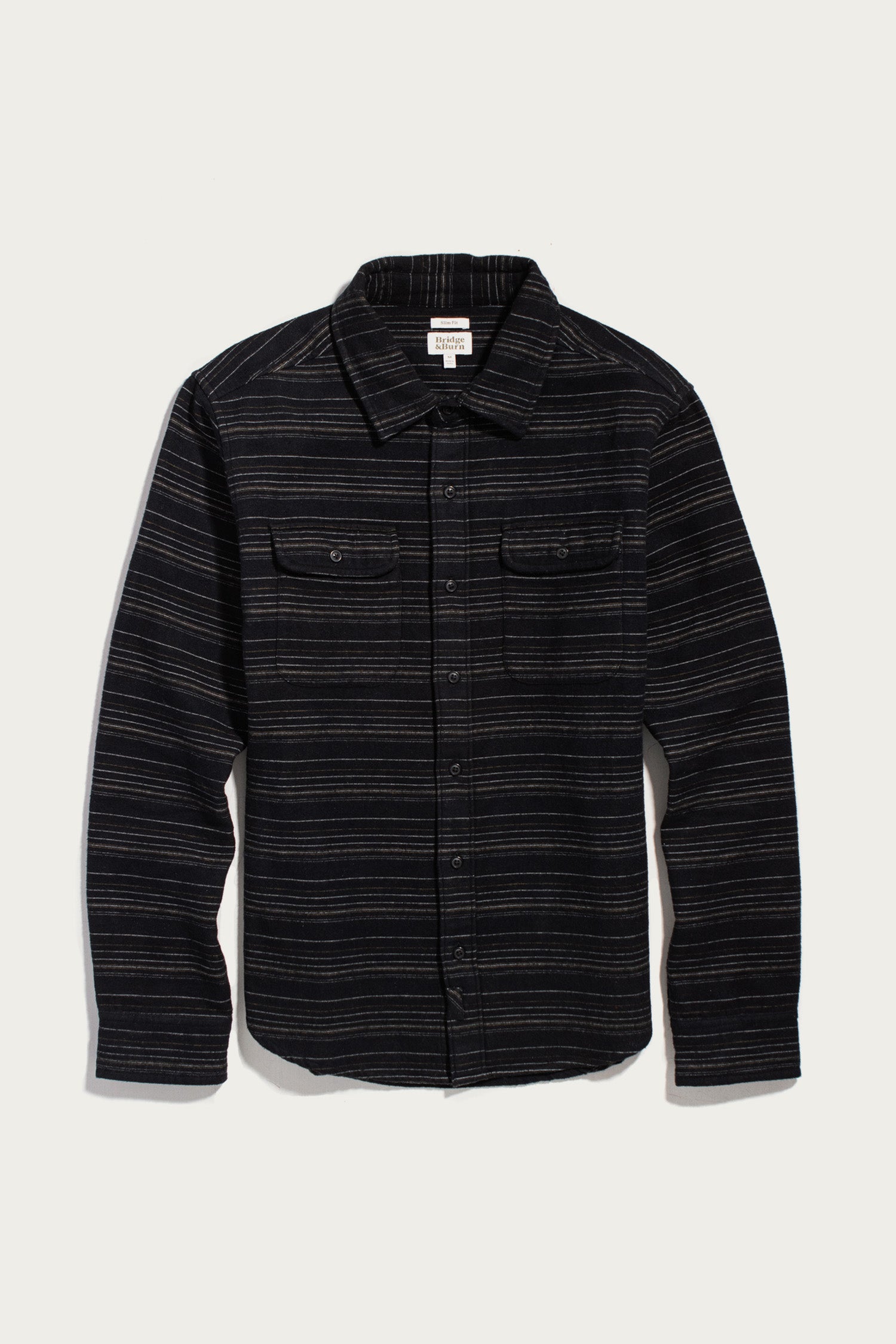 Bridge & Burn Cole Slim Shirt / Raven Stripe: slim-fit, long-sleeve button-down shirt in brushed cotton with two chest pockets and a black and white horizontal stripe pattern.