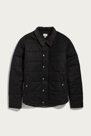 Black Bridge & Burn Holman Quilted Jacket in black canvas with a corduroy collar and silver snap-button closure.