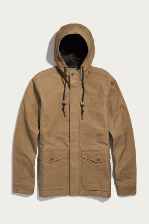 Bridge & Burn Marshall Jacket in dark khaki, a water-resistant waxed canvas hooded jacket featuring a front zipper, snap-button placket, and two large lower pockets.