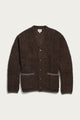 A dark olive Mateo Cardigan by Bridge & Burn, featuring a textured knit, V-neckline, long sleeves, front patch pockets, and button-up closure, laid flat on a plain light background.