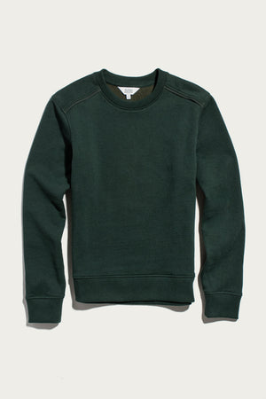 The Bridge & Burn Bailey Crew Sweatshirt in Juniper is a sustainable crewneck with long sleeves, ribbed cuffs, and waistband, shown laid flat on a light background.