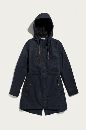 Navy blue Bridge & Burn Briar Jacket in waxed cotton featuring a hood with a drawstring, a front zipper, and snap pockets.