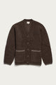 The Bridge & Burn Whit Cardigan in dark olive is a textured wool-blend sweater with long sleeves, V-neck, button front, two pockets, and light brown trim. Machine wash or dry clean. Shown laid flat on a white background.