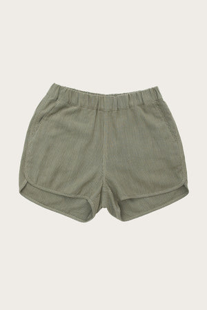 Bridge & Burn's Luca Track Short in Olive Pinstripe, featuring an elastic waistband and side pockets, is displayed flat on a white background.