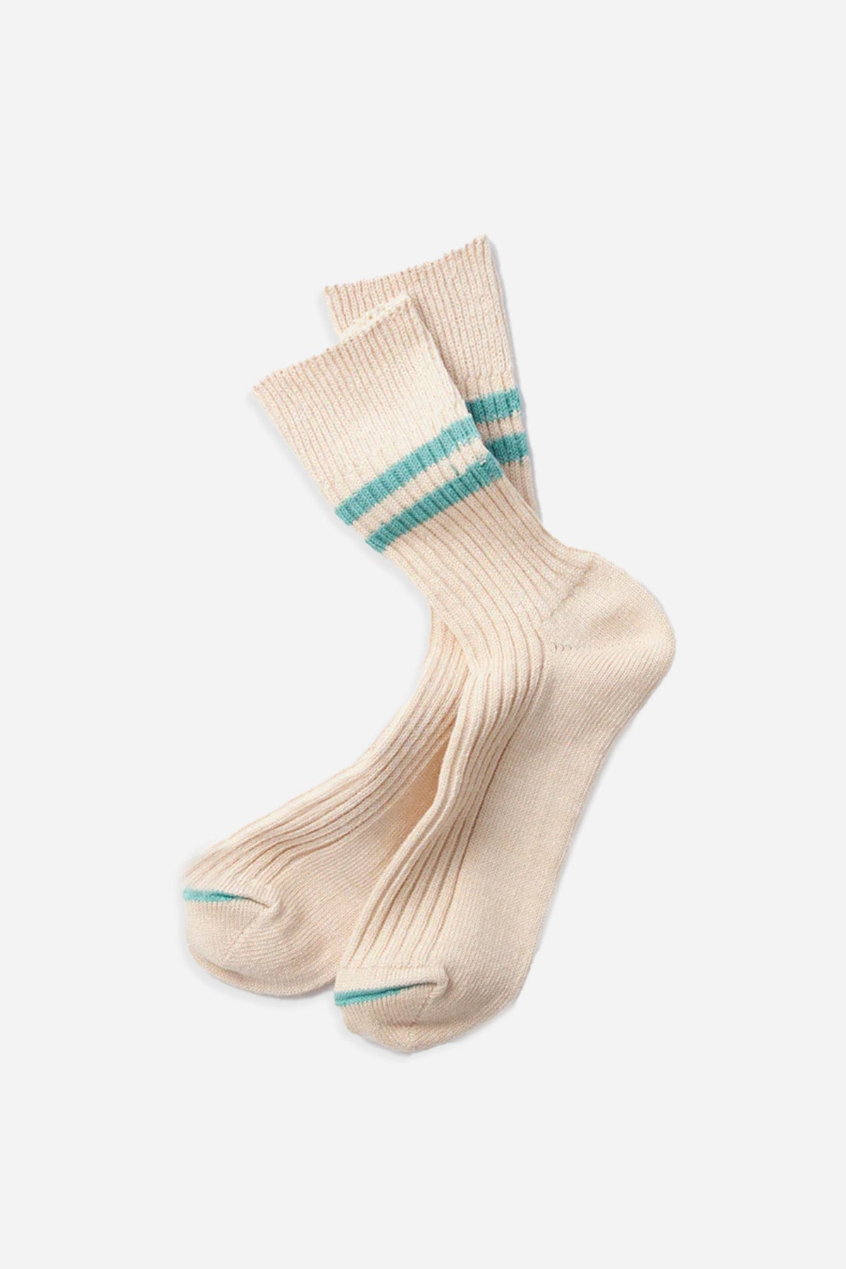 The RoToTo Hemp Organic Cotton Stripe Socks in White Sand feature cream-colored organic cotton with green stripes near the top and green toe accents, shown laid flat on a white background.
