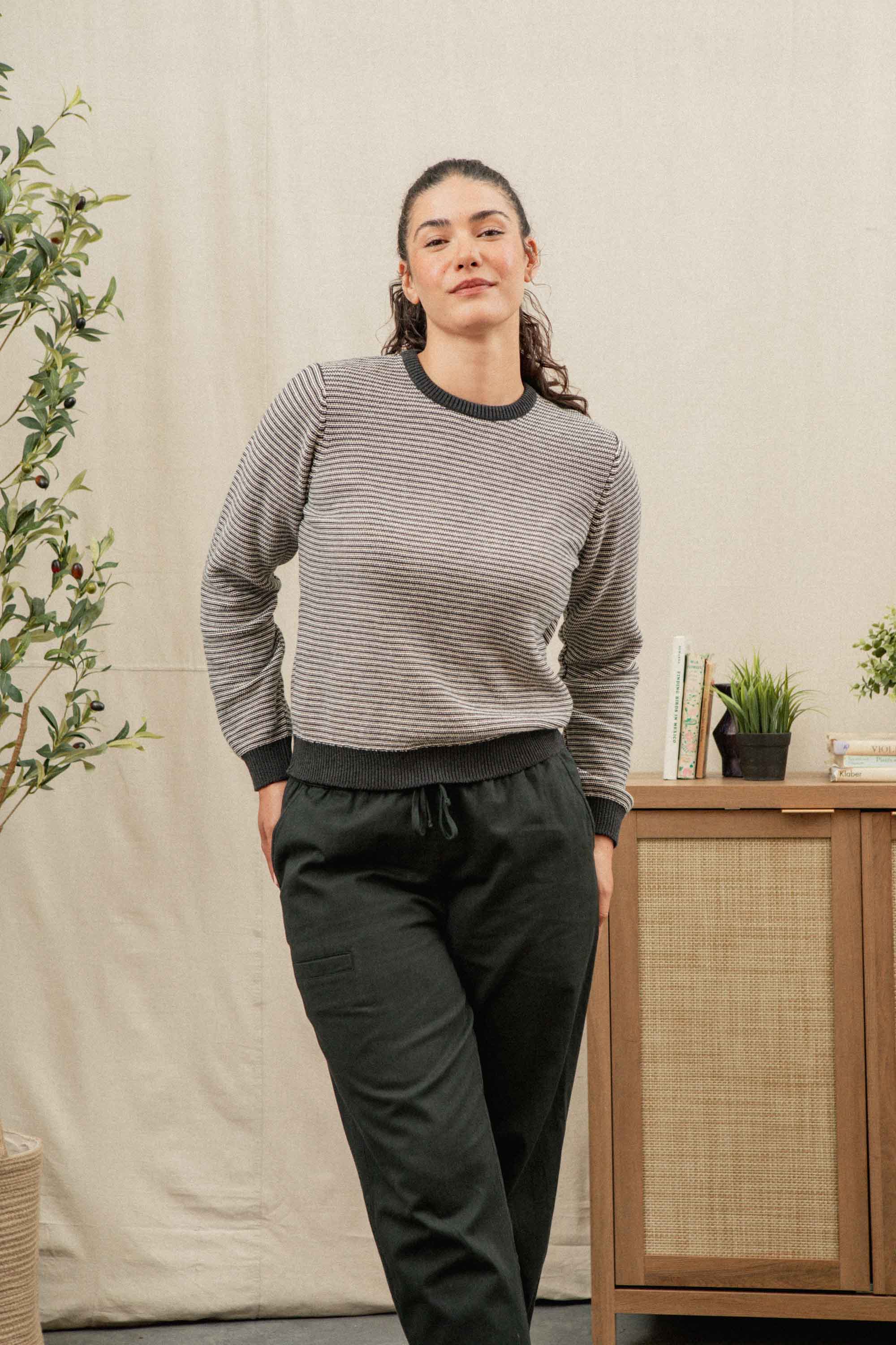 A woman with dark hair tied back stands indoors, smiling slightly with one hand in her pocket. She wears the Bridge & Burn Ansel Sweater in Charcoal Stripe and dark pants. Behind her are plants, books, and a light-colored cabinet.