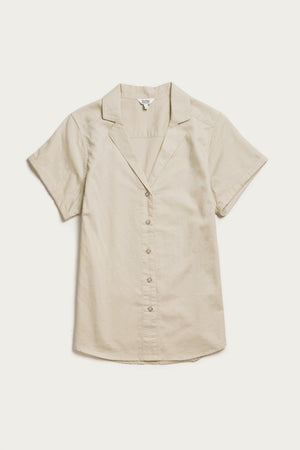 The Bridge & Burn Innes Shirt in ivory is a short-sleeved, relaxed fit button-up with a notched collar, shown flat on a white background.