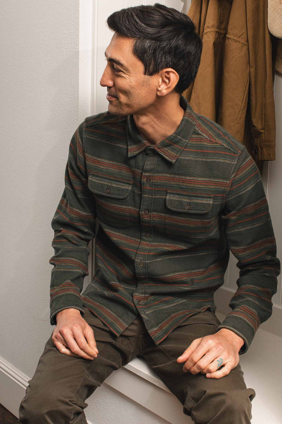 Bridge & Burn Cole Slim Shirt / Mallard Stripe, a slim fit button-down in dark green brushed cotton with horizontal rust and blue stripes and two chest pockets.