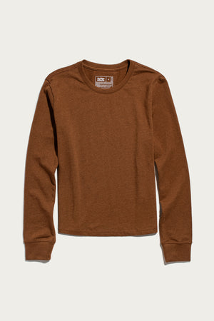 The Audrey Long Sleeve Tee in Bronze by Bridge & Burn, featuring a relaxed fit and crafted from soft jersey knit fabric, is laid flat on a white background.