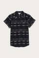 The Bridge & Burn Innes Shirt in Nightfall Stripe is a short-sleeve, relaxed fit button-up crafted from eco-friendly viscose, featuring a dark blue base with white, gray, and red plaid pattern, displayed laid flat on a white background.
