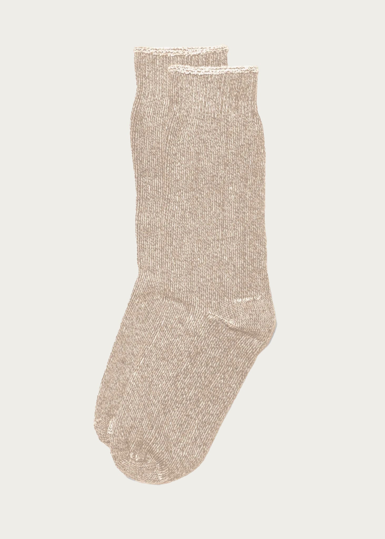 A pair of khaki, mid-calf Sunday Socks by American Trench, crafted from a soft terry knit fabric and displayed against an off-white background.