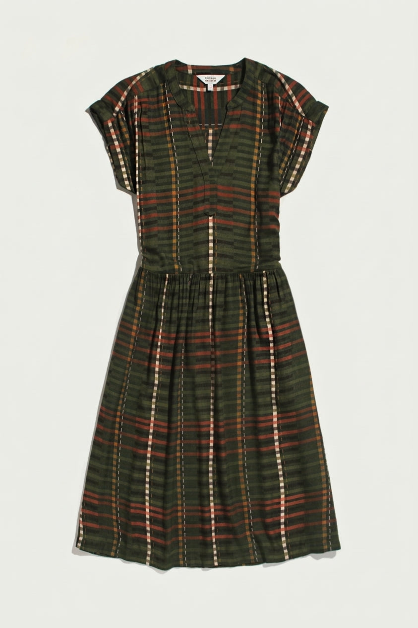 Bridge & Burn Ira Dress / Olive Stripe in an olive green modal linen blend, featuring a brown and cream plaid pattern, short sleeves, and a split V-neckline.