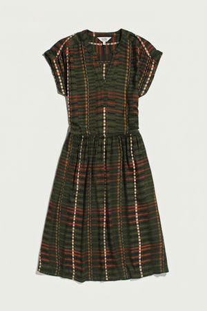 Bridge & Burn Ira Dress / Olive Stripe in an olive green modal linen blend, featuring a brown and cream plaid pattern, short sleeves, and a split V-neckline.