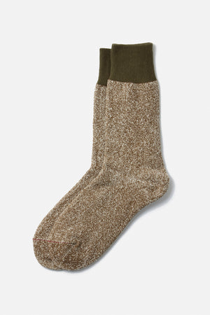 RoToTo Double Face Silk Cotton Crew Socks in Olive Dark Khaki, by RoToTo, are displayed against a plain white background.