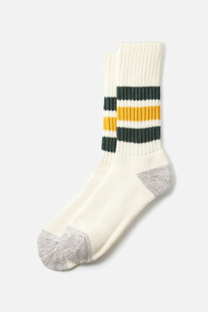 RoToTo Coarse Ribbed Old School Socks in cream feature gray toes and heels, a ribbed cotton texture, and two dark green plus two yellow stripes near the top.