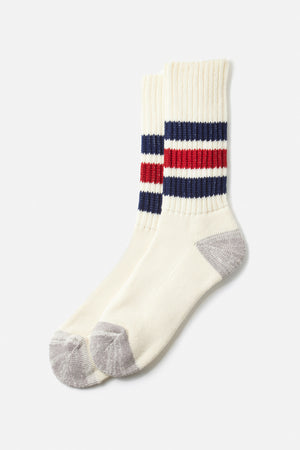 RoToTo Coarse Ribbed Old School Socks in cream feature gray toes and heels, with navy blue and dark red stripes at the top. Made in Japan by RoToTo for exceptional quality and comfort.