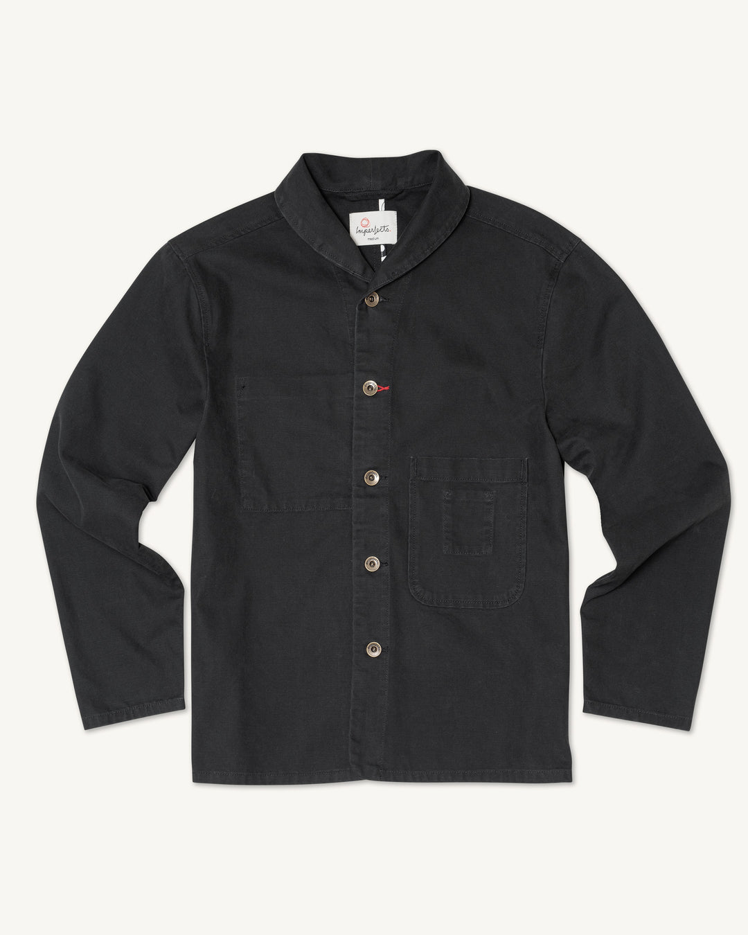 Black long-sleeve canvas Imperfects - Shepherds Shirt Craft Canvas / Obsidian with a collar and two front patch pockets.