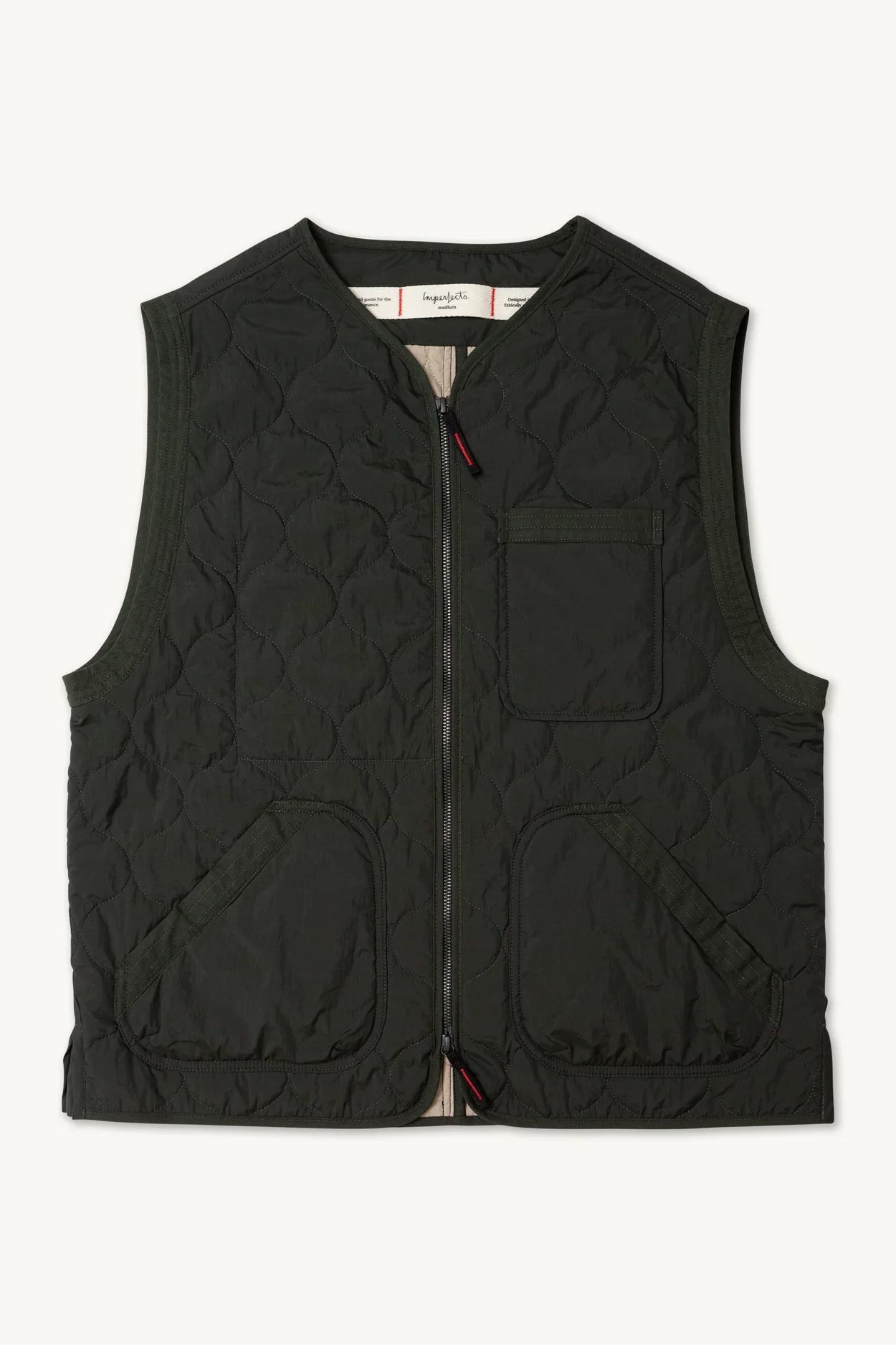 Imperfects Shokunin Vest in Quilted Nylon / Greenroom: a dark green quilted ripstop nylon vest with a zip-up front, a chest pocket, two lower front pockets, and lightweight insulation.