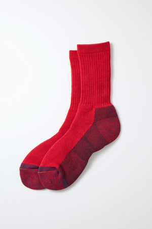 RoToTo Double Face Merino Pile Socks in Chili Red by RoToTo, featuring darker red heels, toes, and soles, made in Japan and shown laid flat on a white background.
