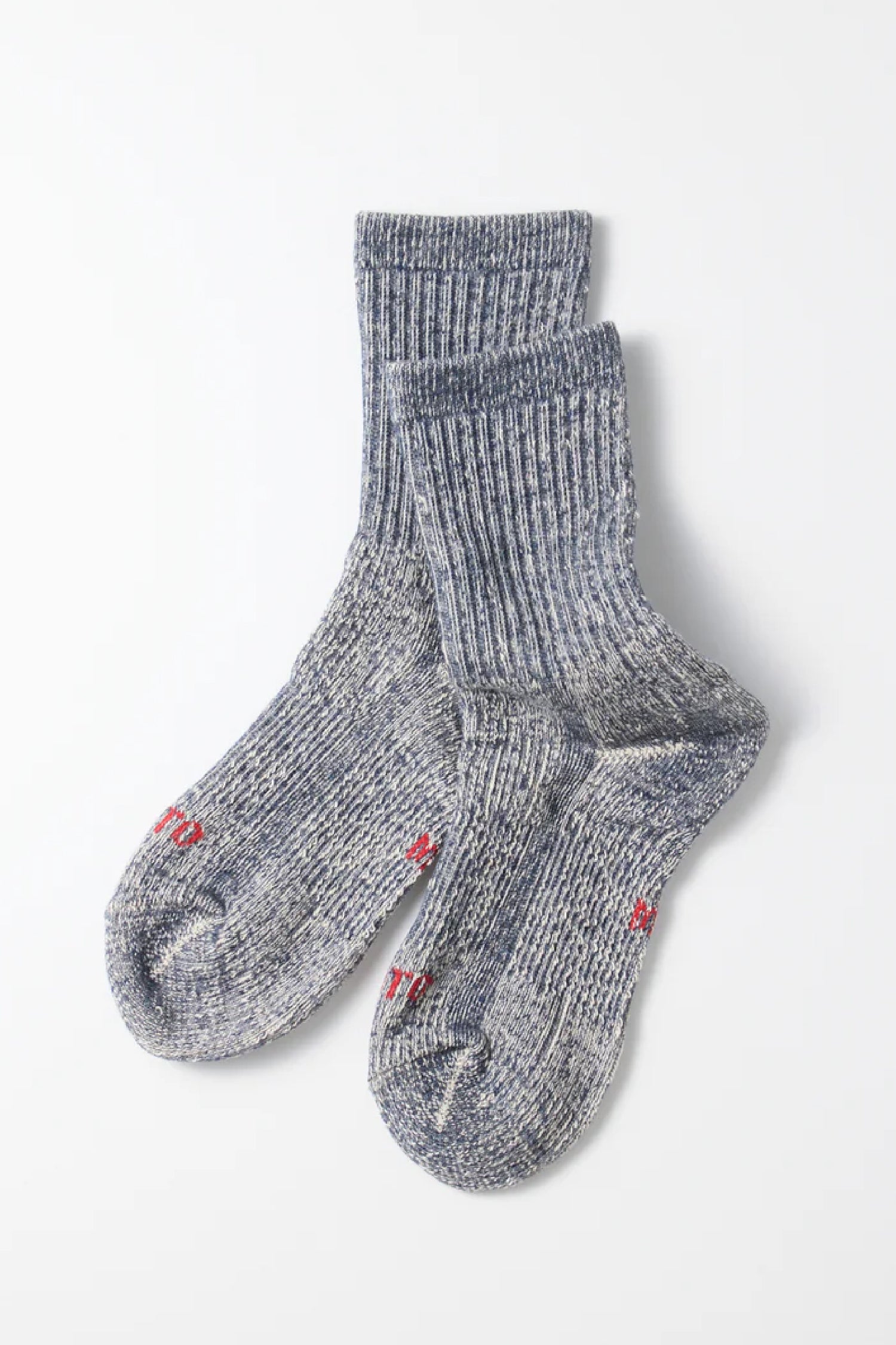 A pair of RoToTo Double Face Mini Crew Socks in navy by RoToTo, featuring a thick ribbed design and red lettering near the toes, laid overlapping on a plain white background.