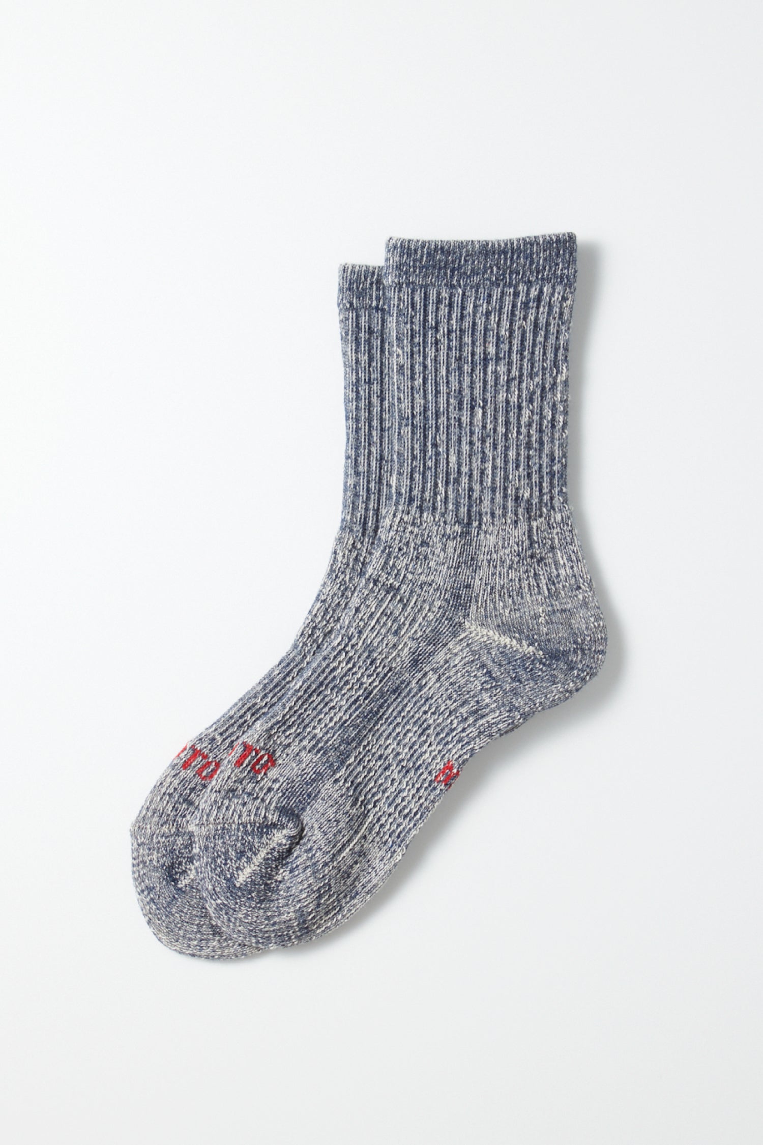 A pair of RoToTo Double Face Mini Crew Socks in navy, made from organic cotton with a thick, ribbed texture. These comfortable RoToTo socks are laid flat on a white background with small red text on the toe area.