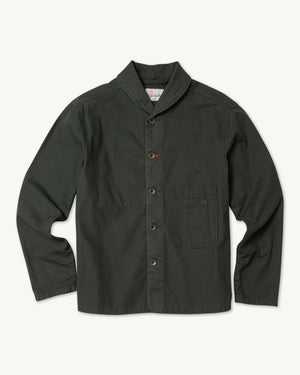 Imperfects Shepherds Shirt Craft Canvas in Greenroom, a dark green organic cotton overshirt with a shawl collar, button-up front, and two large patch pockets.