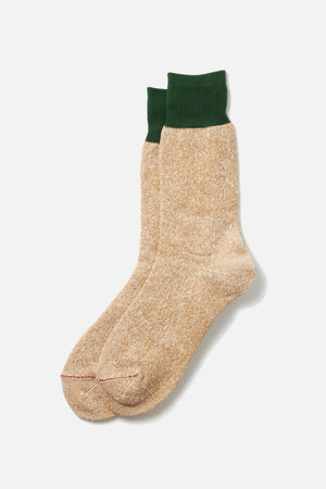 RoToTo Double Face Silk Cotton Crew Socks in dark green beige, featuring a textured design and ribbed cuffs, displayed on a white background.