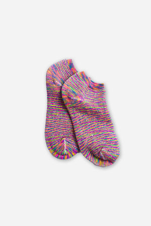 A pair of RoToTo Washi Pile Short Socks "Kasuri" / Rainbow—low-cut, multicolored speckled socks made from Japanese paper yarn—are displayed on a plain white background.