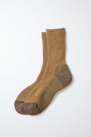 The RoToTo Double Face Merino Pile Socks in tan are ribbed crew socks made from organic cotton, featuring darker brown reinforced heels and toes. Shown here on a plain white background.