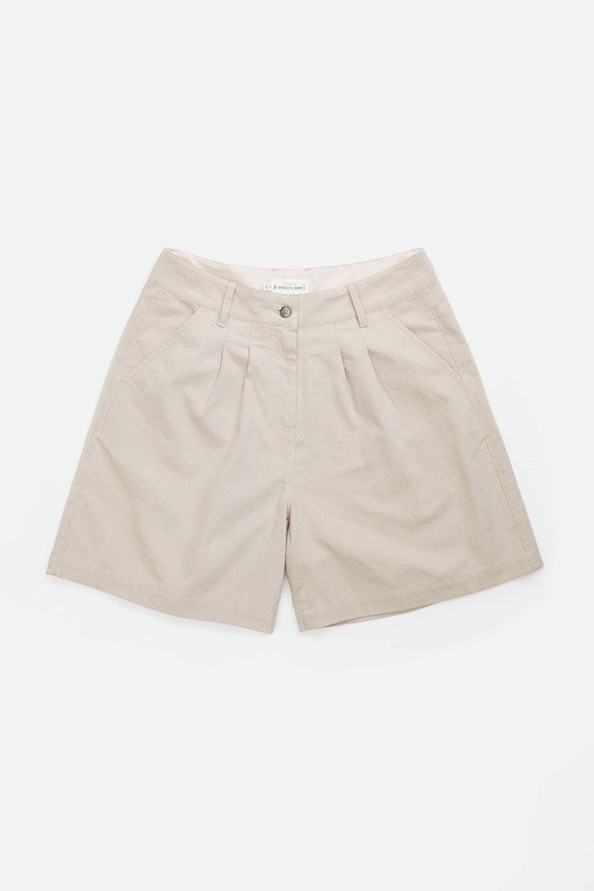 Khaki canvas high waisted trouser style shorts with front pleats