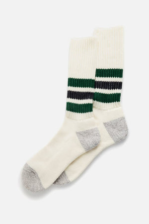 RoToTo Coarse Ribbed Old School Socks in Green Charcoal by RoToTo: white retro-style socks with grey heels and toes, plus two green and one black stripe at the calf—made for all-day comfort.