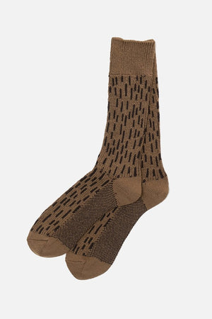 RoToTo Rain Drop Socks in khaki dark brown, featuring a black geometric dotted pattern, handcrafted in Japan by RoToTo and shown on a plain white background.