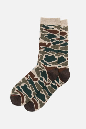RoToTo Pile Camo Socks / Beige by RoToTo are comfortable Japan-made socks with a green, brown, and beige camo pattern and solid dark brown heels and toes, shown on a plain light background.