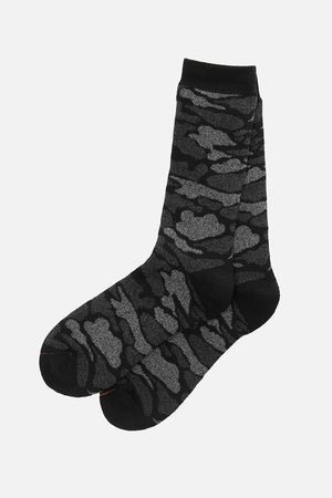 RoToTo Pile Camo Socks in Black by RoToTo, made in Japan, showcase a black base with subtle gray camouflage, shown side by side on a white background.