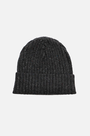 The Bridge & Burn Chunky Ribbed Beanie in Charcoal Donegal features a folded brim and soft merino wool, shown against a plain white background.