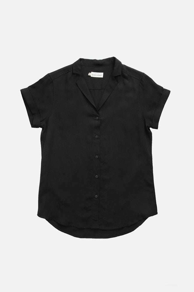 Black short sleeve relaxed button-up with spread collar and short cuffed sleeves