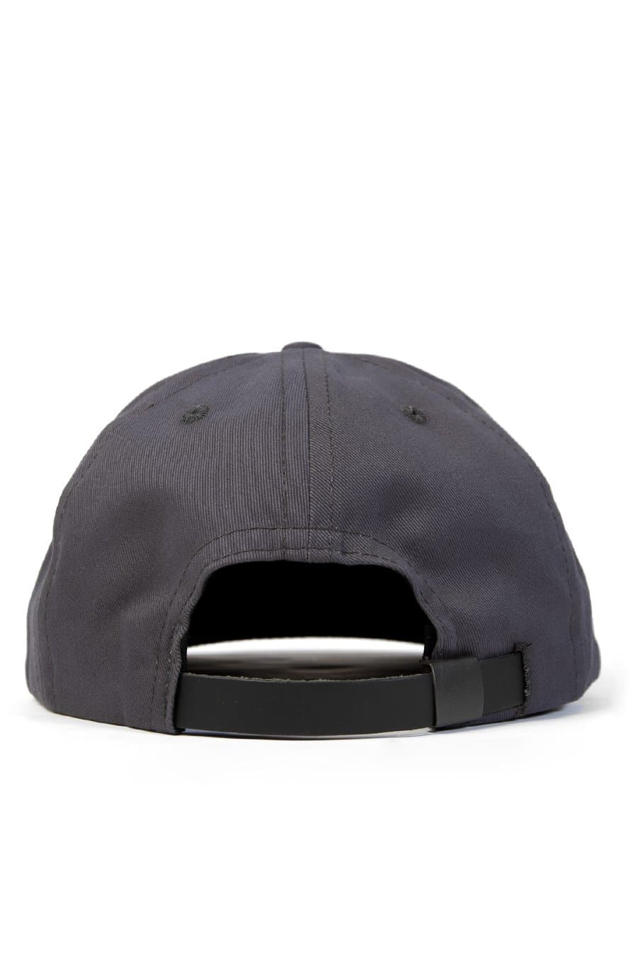The Bridge & Burn Diamond Head Cap in grey is crafted from cotton twill and made in the USA. This classic hat, shown from the back, features a dark gray color, stitched eyelets, visible seam lines, and an adjustable black strap with a metal buckle.