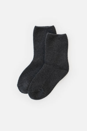 A pair of Le Bon Cloud Socks in Charcoal, crafted from US-grown cotton, features a plain, fuzzy terry knit and is displayed side by side on a white background.