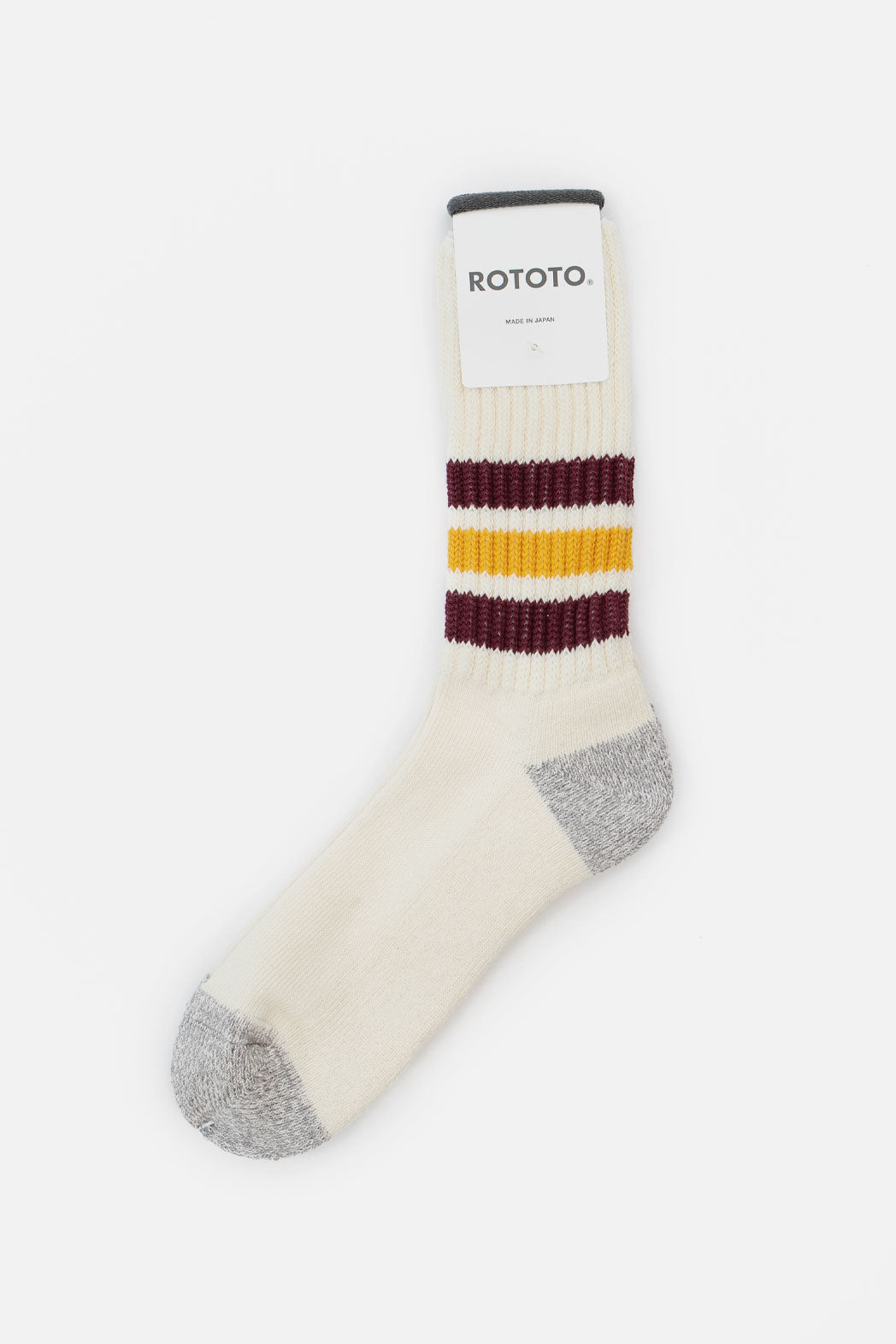A single RoToTo Coarse Ribbed Old School Sock in cream with gray toe and heel, two maroon and two yellow stripes near the top, cushioned soles, and a white ROTOTO tag, shown on a plain white background.
